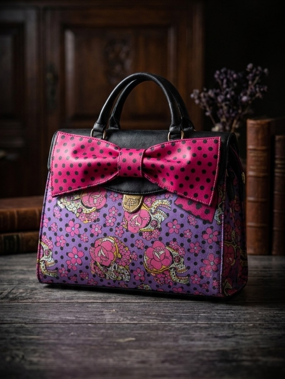 Iron Fist Pink & Black Skull Graphic Handbag with Bow Detail